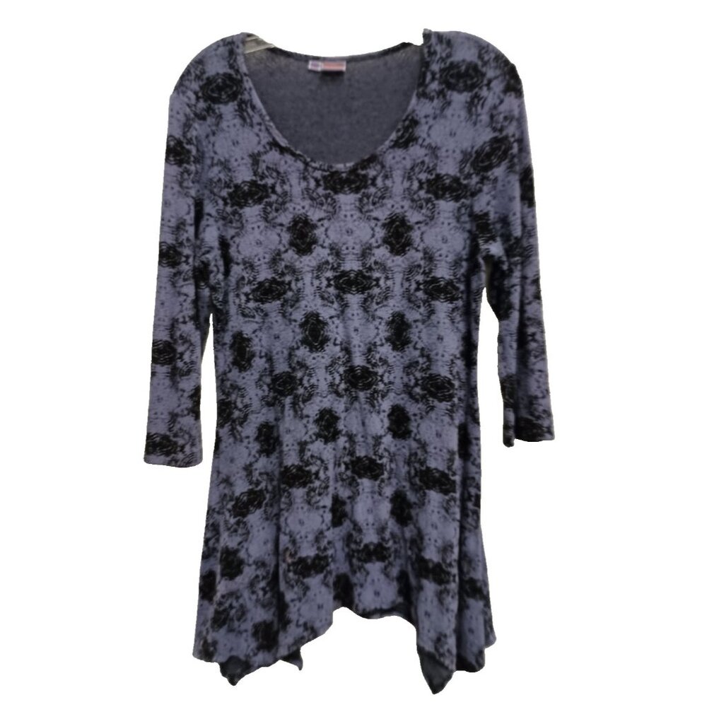 Tianello Tunic Top Womens Size Small Wearable Art Purple Black Floral 3/4 Sleeve